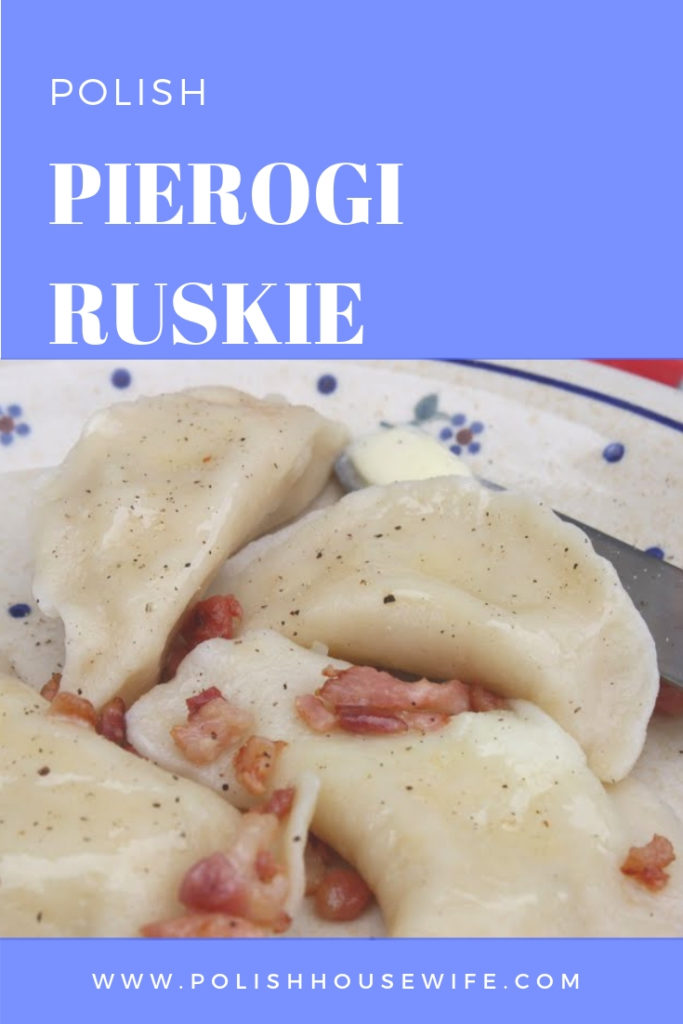 pierogi ruskie with bacon in polish pottery bowl