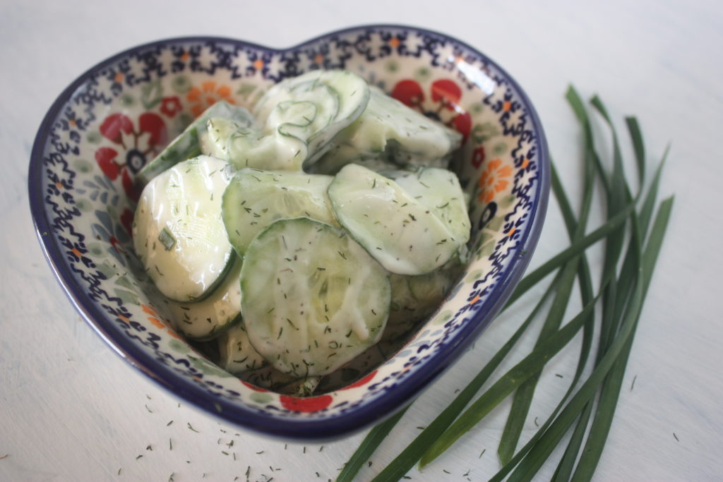 Polish cucumber salad in a Polish pottery bowl