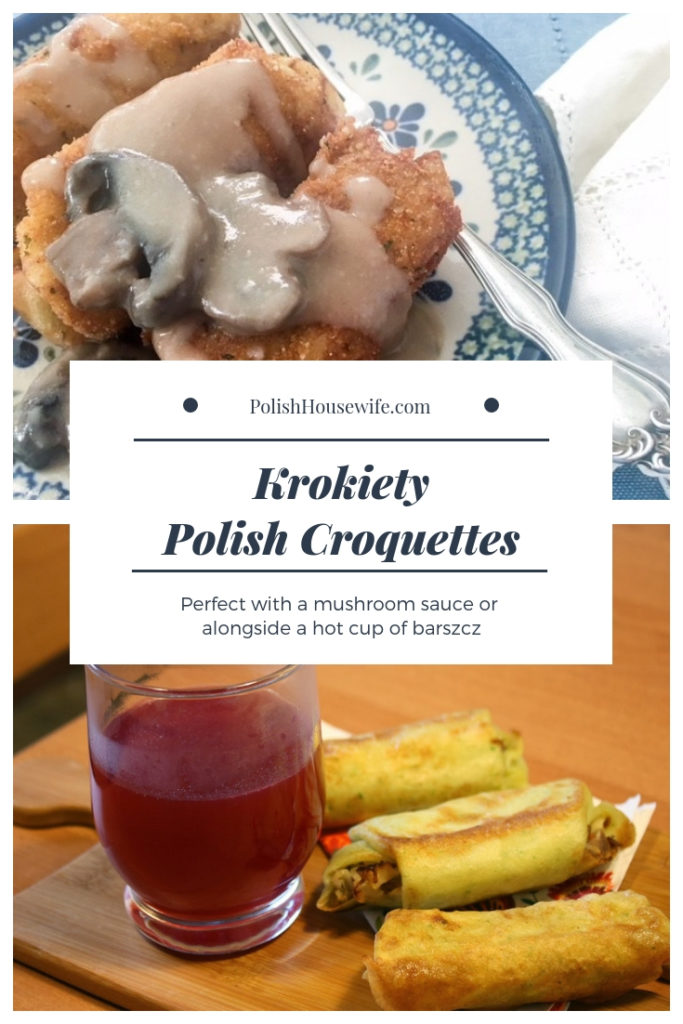 Polish croquettes, krokiety, with mushroom sauce and alongside barszcz