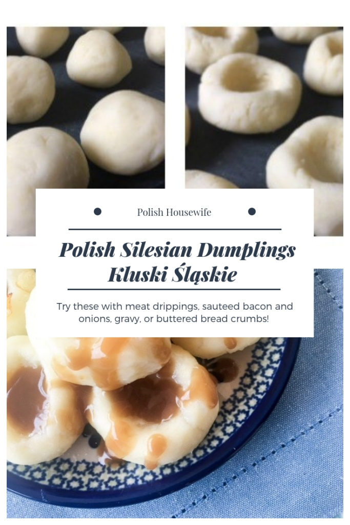 potato dumplings with gravy on Polish pottery
