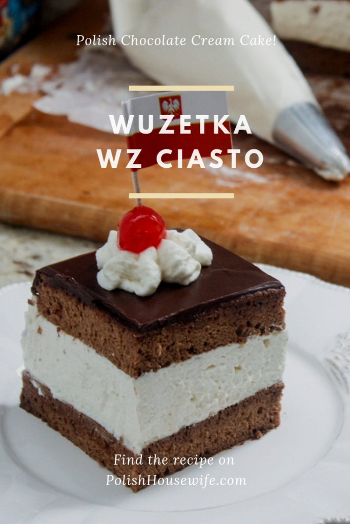 a chocolate cake filled with a thick layer of whipped cream topped with chocolate ganache, wz ciasto wuzetka