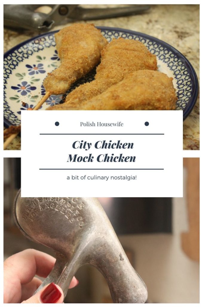 City chicken on Polish pottery and a chicken leg mold. 