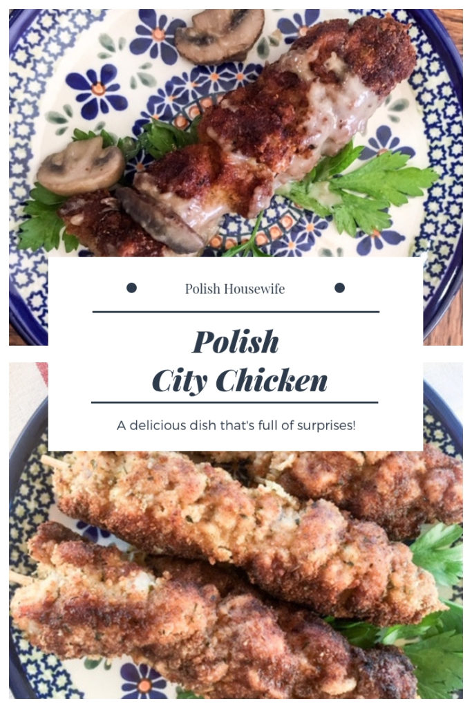 three city chicken skewers on polish pottery