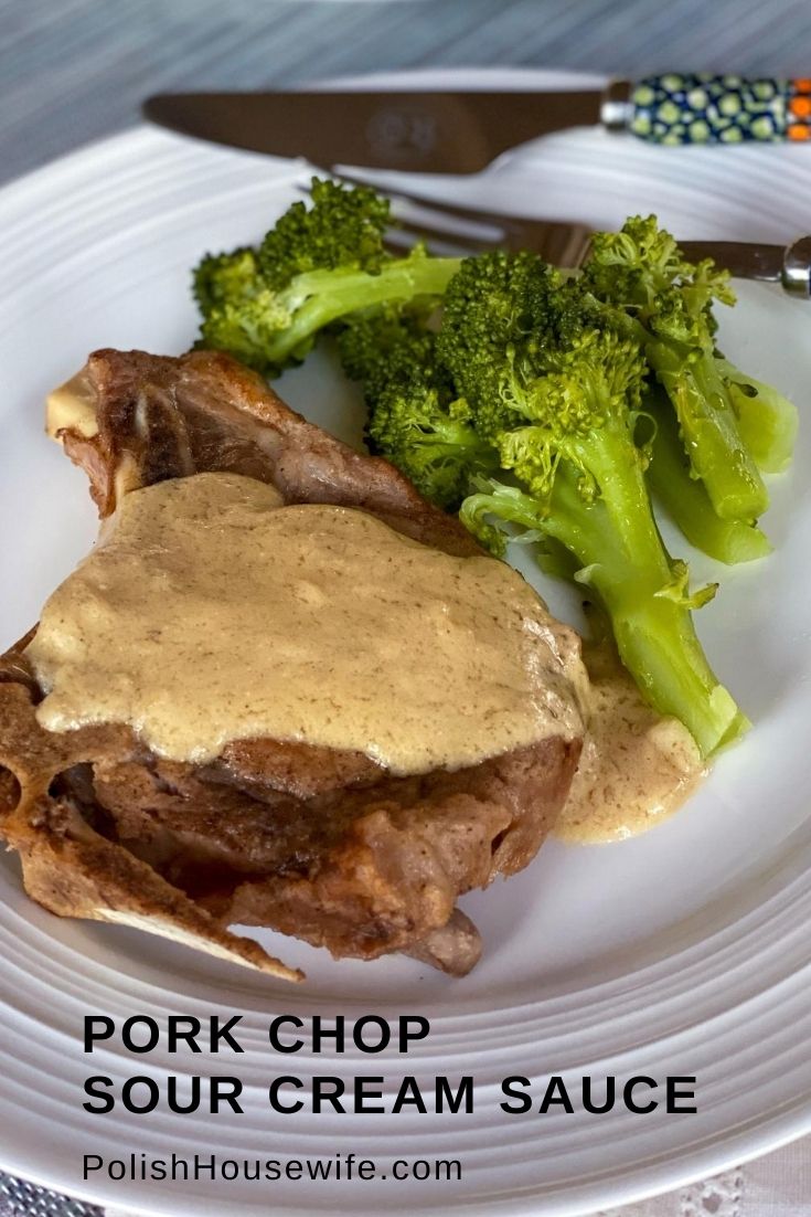 Pork chops in sour cream on white plate