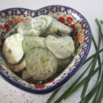 Polish cucumber salad in a Polish pottery bowl